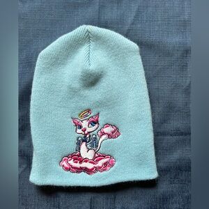 Light Blue Beanie with Angel Cat Embroidery
